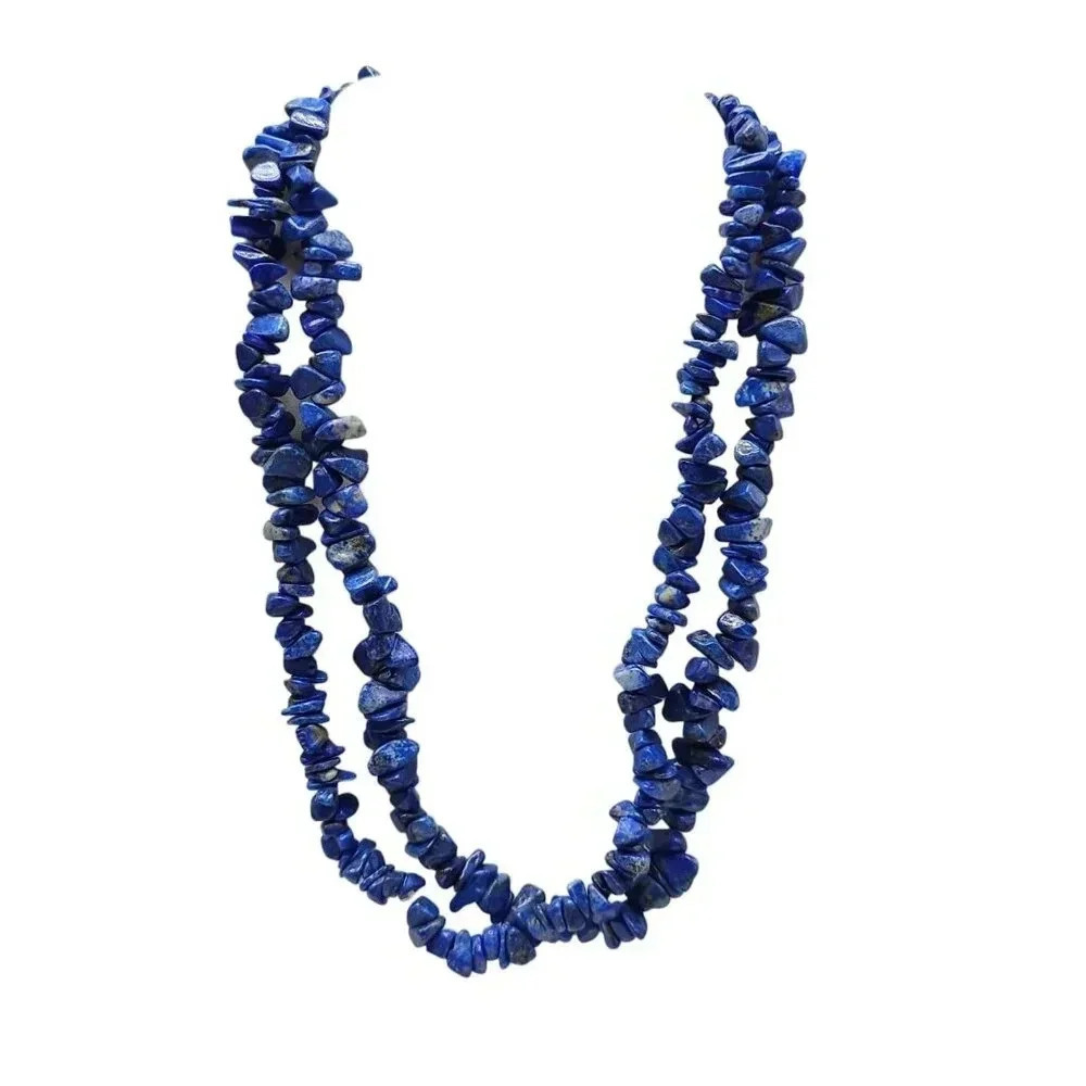 Blue Lapis Lazuli Bead Beaded Chips Long Strand Necklace Vintage No Clasp